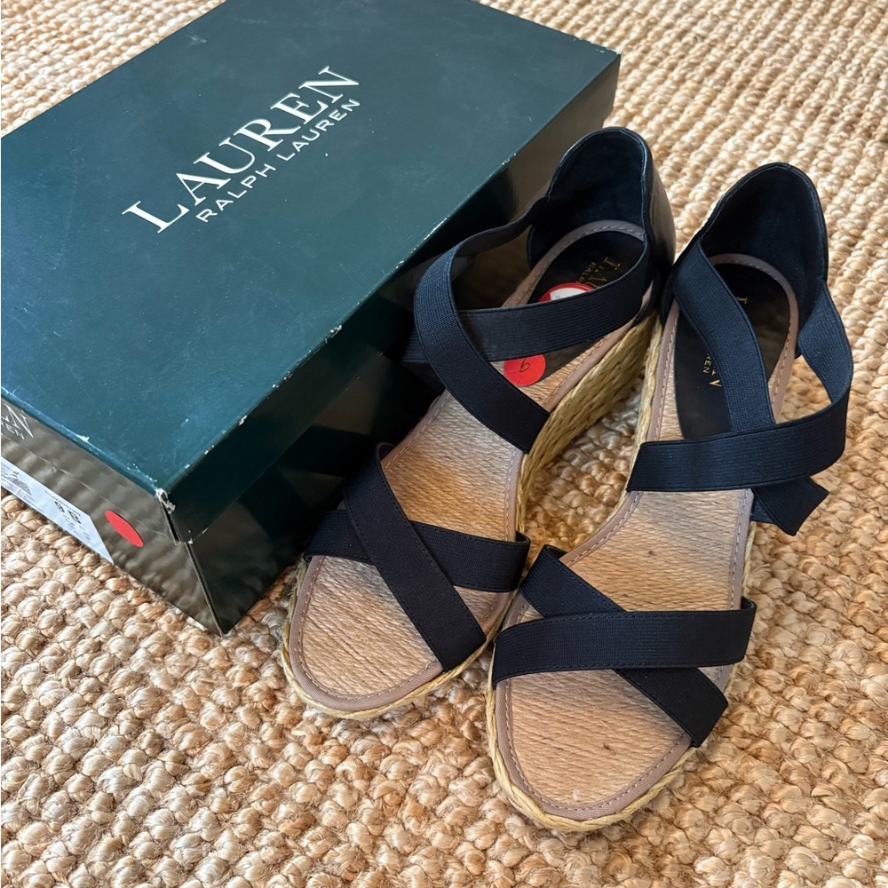 LRalph Lauren Black Espadrille Wedge Sandals